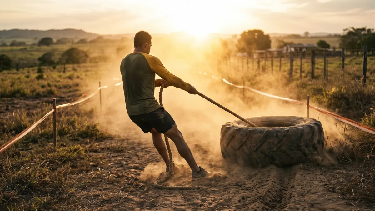 Atleta arrastrando un caucho con una cuerda