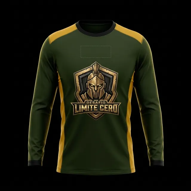 Franela técnica de manga larga verde con hombros amarillos y el escudo del evento