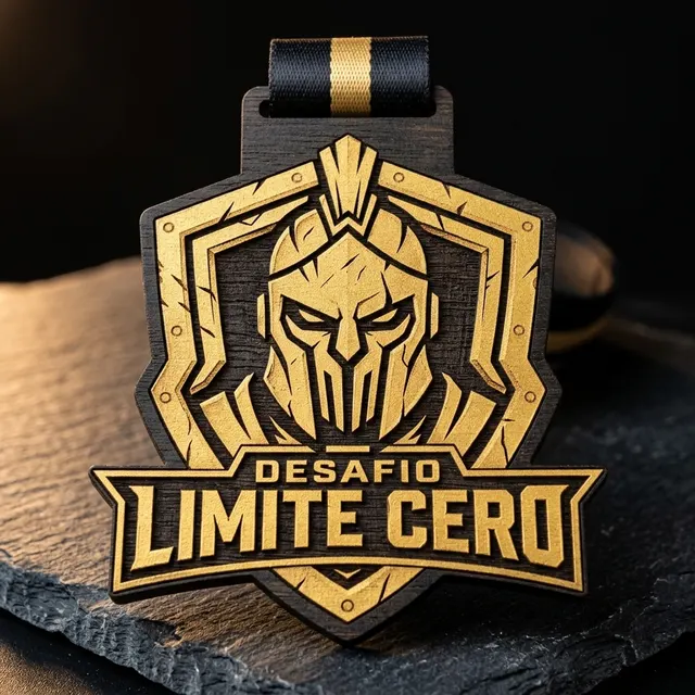Medalla de madera con el escudo del evento en dorado